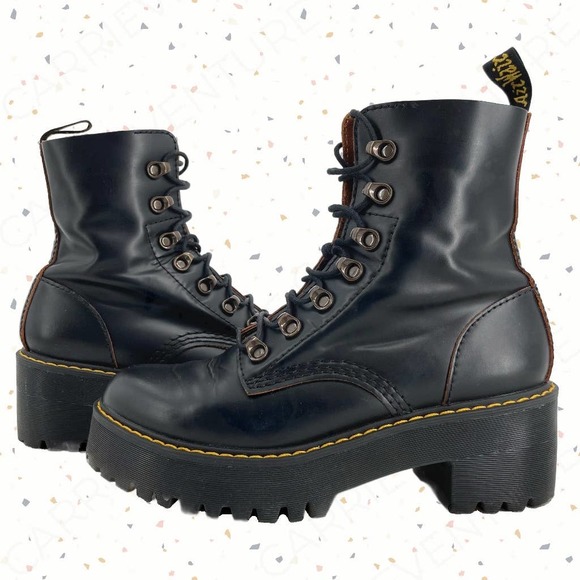 Dr. Martens Shoes - Dr. Martens Leona Black Vintage Smooth Leather Heeled Lace Up Platform Boots 8